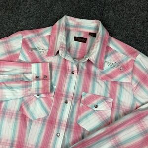 LifeStyle‎ Womens Western Snap Shirt XL Pink Teal Plaid Rhinestone Embroidered